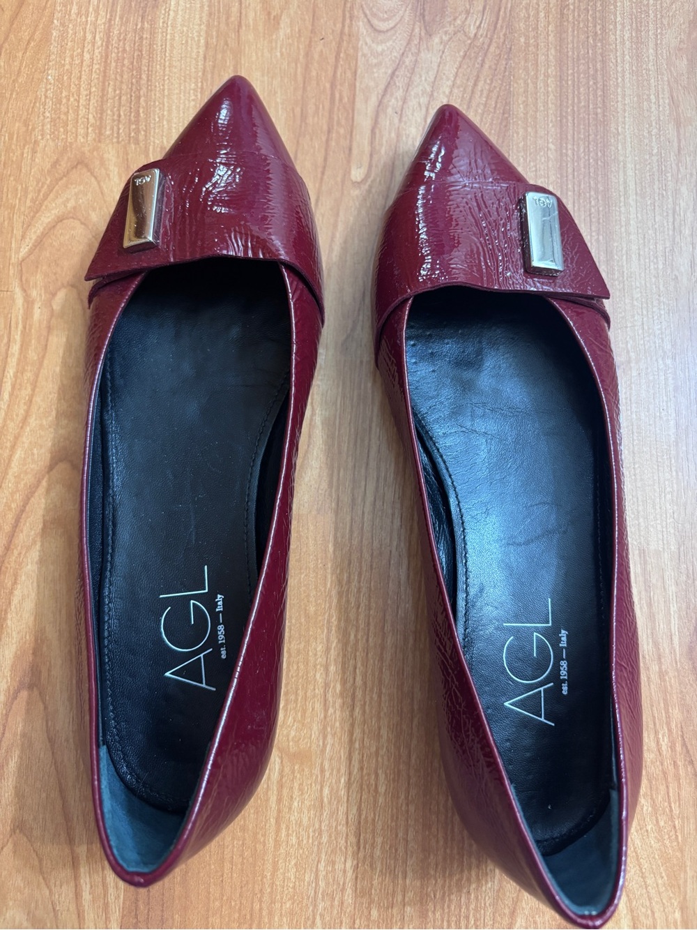 AGL Burgundy Patent Pointed Toe Flats with Metallic Accent